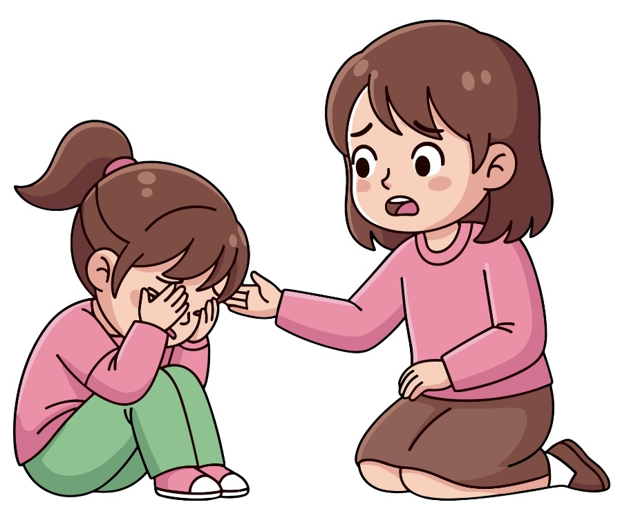 泣いている子供と親